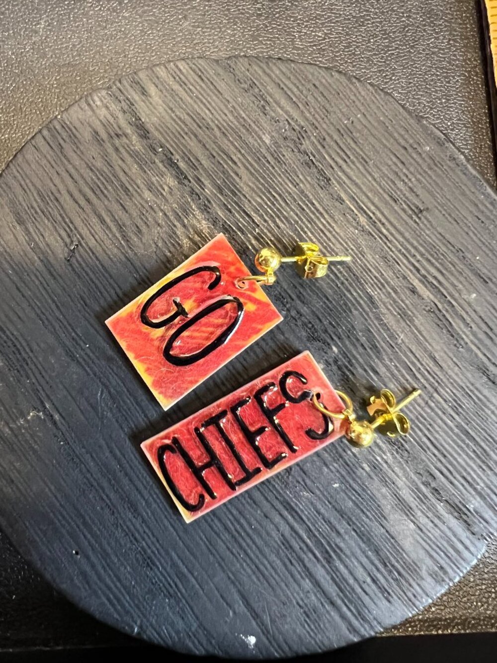 KC Chiefs Asymmetrical Earrings, Goldtone Stainless Posts, OOAK, Handmade